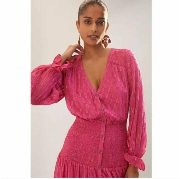 NWT Anthropologie Smocked Maxi Dress M $180 HTF Pink Gold Long Sleeve - Picture 3 of 9